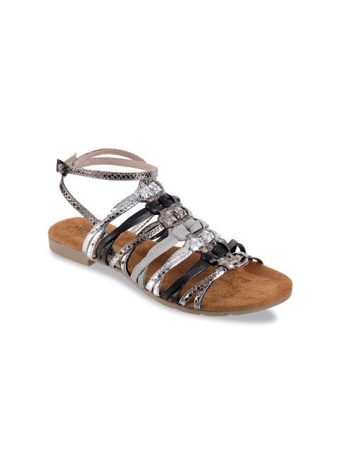 

Metro Women Black & Silver Textured Open Toe Flats