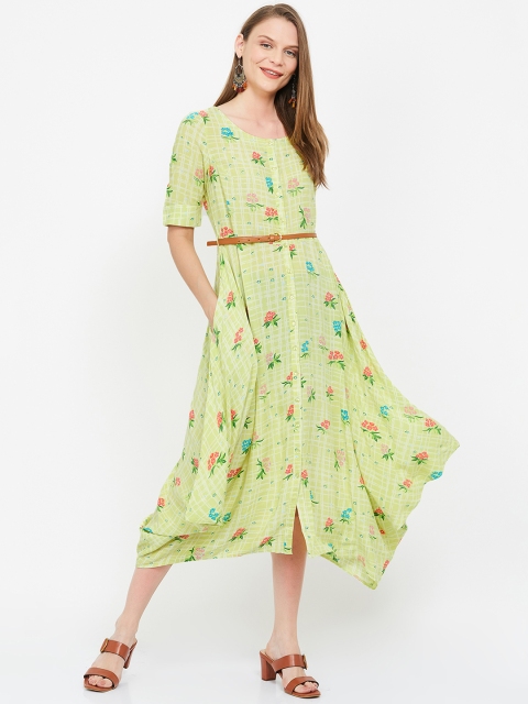 

Colour Me by Melange Women Lime Green Floral Print A-Line Dress