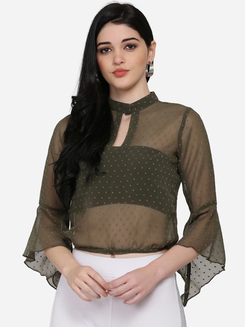 

Eavan Women Olive Green Self Design Dobby Weave Sheer Crop Blouson Top