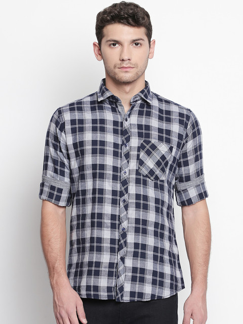

Solemio Men Grey & Navy Blue Regular Fit Checked Casual Shirt