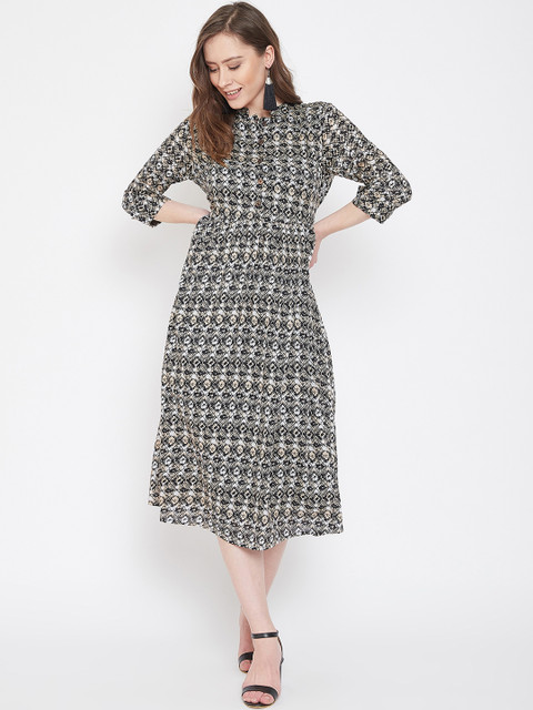 

Ruhaans Women Black & White Printed Fit and Flare Dress