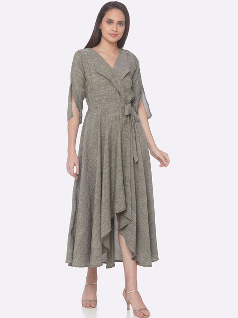 

RAISIN Women Grey Self Design Wrap Dress