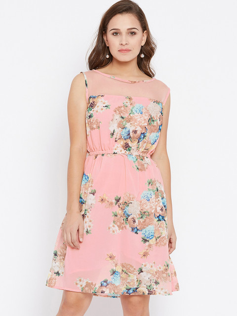 

AASK Women Peach-Coloured Printed Fit and Flare Dress