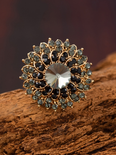 

E2O Women Gold Plated & Black Crystal Embellished Adjustable Handcrafted Finger Ring