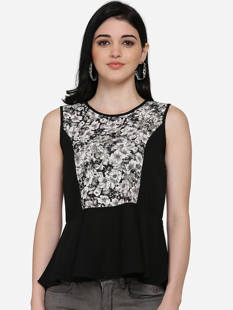 

Eavan Women Black & Off-White Floral Print Peplum Top