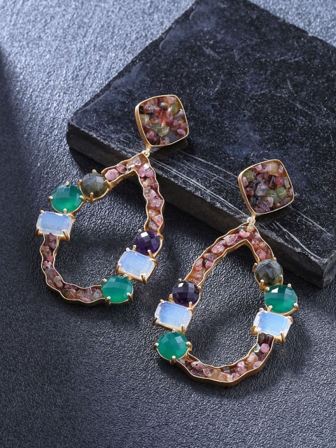 

NITAARA Gold-Plated & Brown Handcrafted Teardrop Shaped Tourmaline Drop Earrings