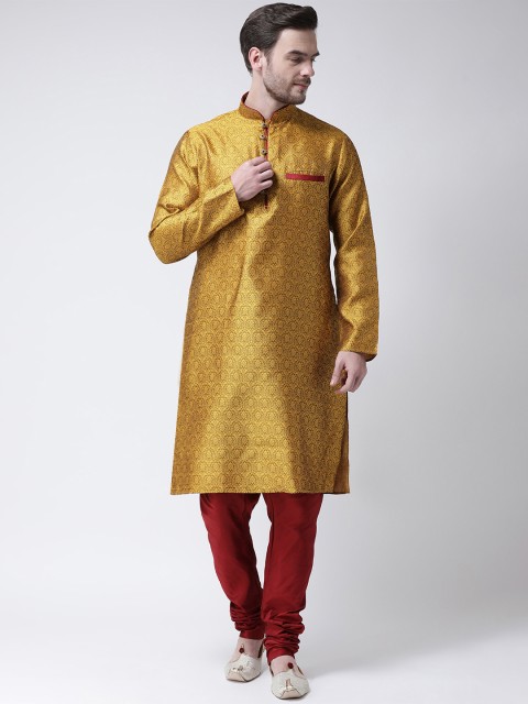 

SG LEMAN Men Gold-Coloured & Red Self Design Kurta with Churidar