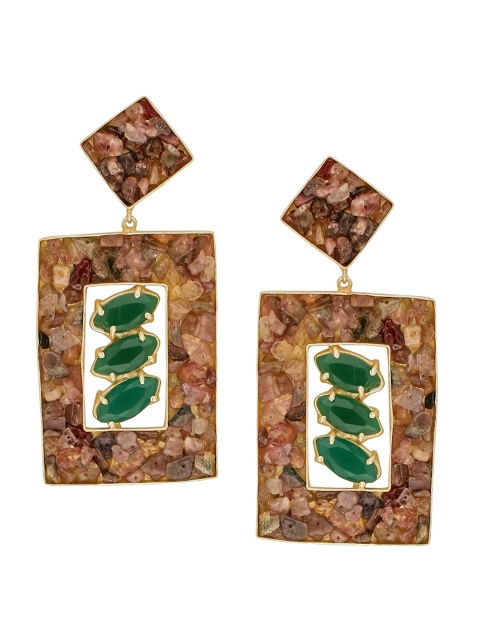 

NITAARA Brown & Green Gold-Plated Handcrafted Tourmaline Studded Geometric Drop Earrings