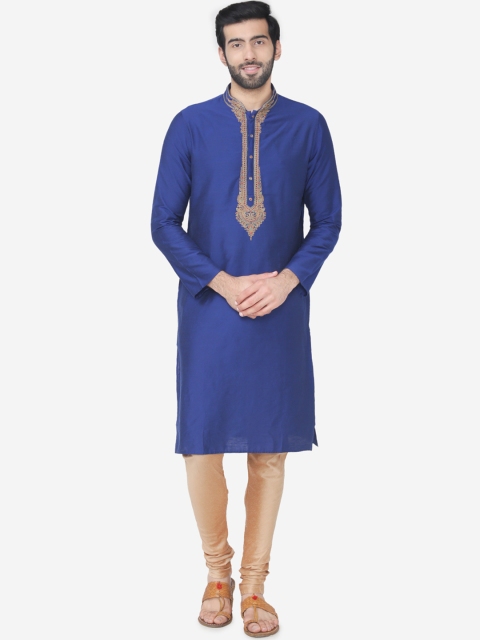 

Manyavar Men Blue & Brown Embroidered Kurta with Churidar