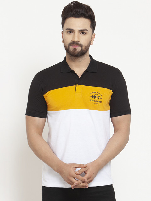 

WILD WEST Men Black & White Colourblocked Polo Collar T-shirt