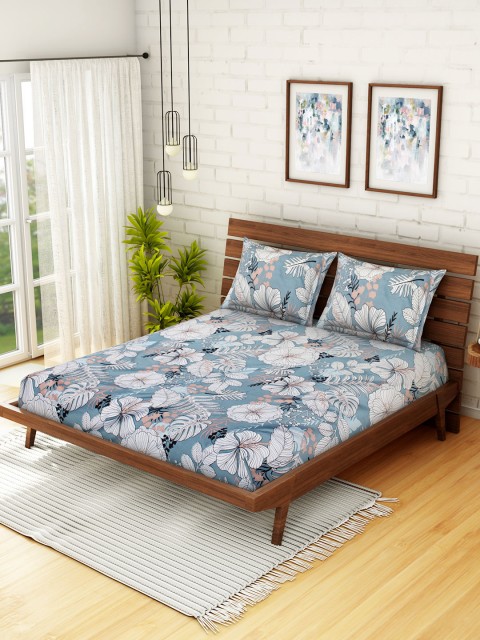 

WELHOME Blue & Pink Floral 160 TC Microfiber 1 Queen Bedsheet with 2 Pillow Covers