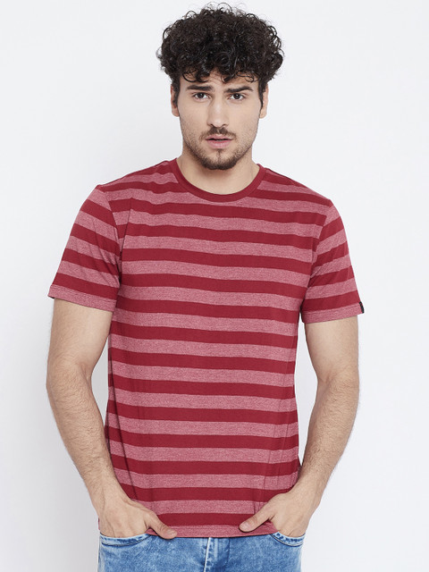 

LE BOURGEOIS Men Maroon Striped Round Neck T-shirt