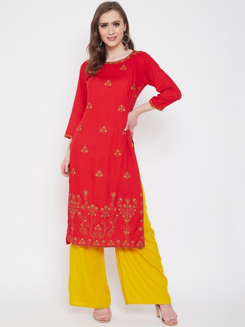 

Prakhya Women Red & Yellow Embroidered Kurta with Palazzos