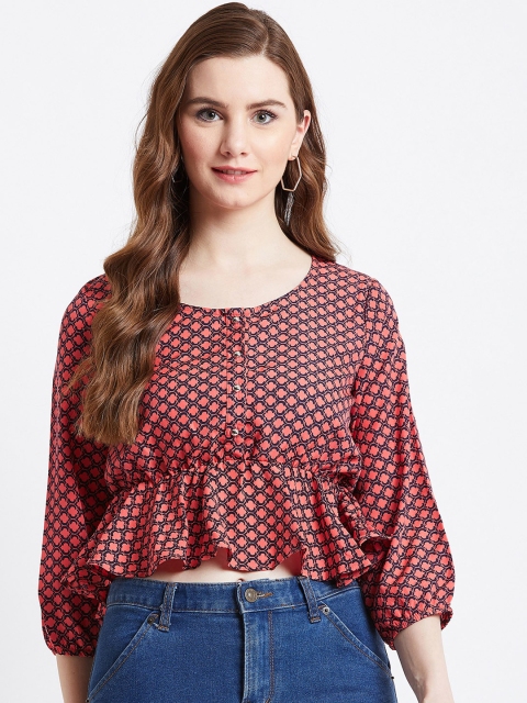 

AkaAyu Women Pink Printed Cinched Waist Top