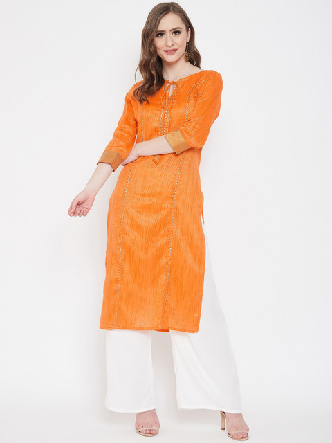 

Prakhya Women Orange & White Woven Design Kurta Set