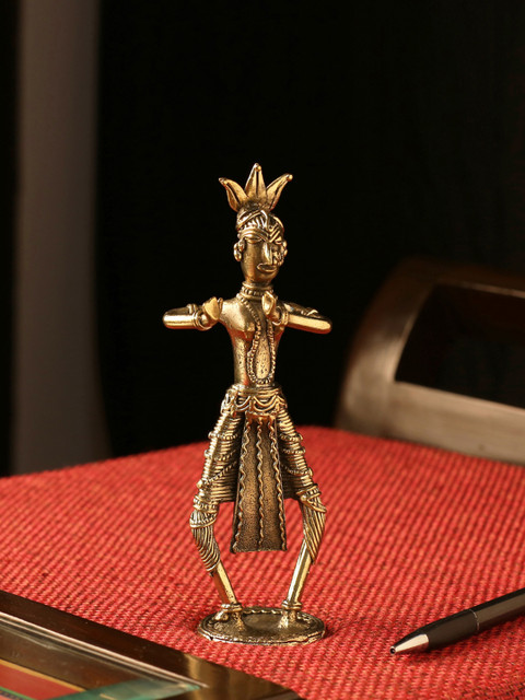 

ExclusiveLane Gold-Toned Brass Dhokra Art Handcrafted Tribal Courtesan Figurine Showpiece