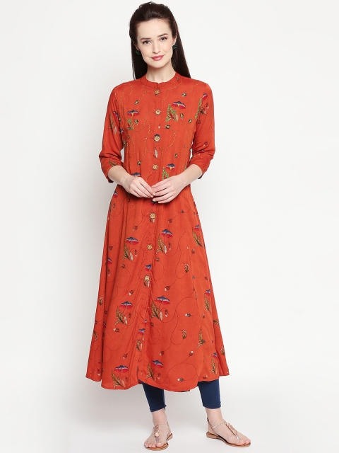 

ZRI Women Orange & Green Floral Printed A-Line Kurta