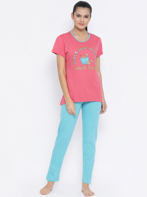 Kanvin Women Pink & Turquoise Blue Printed Night Suit