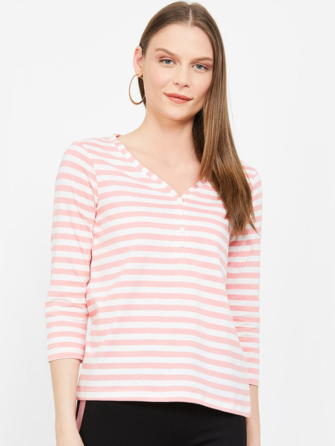 

Bossini Women Pink & White Striped Pure Cotton Top