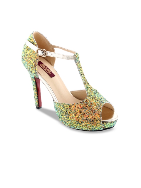 

SHUZ TOUCH Women Gold-Toned & Green Embellished Stilettos