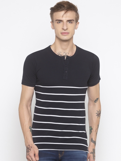 Globus Men Black & White Striped Henley Neck Slim Fit T-shirt