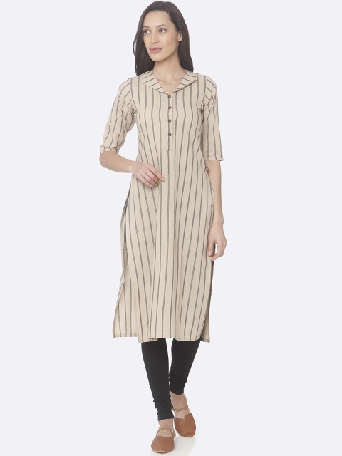 

RAISIN Women Beige & Navy Blue Striped Straight Kurta