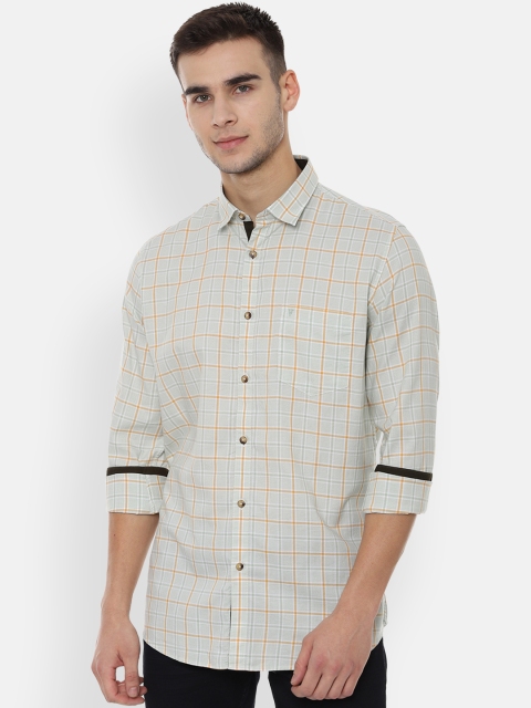Van Heusen Sport Men White & Beige Slim Fit Checked Casual Shirt