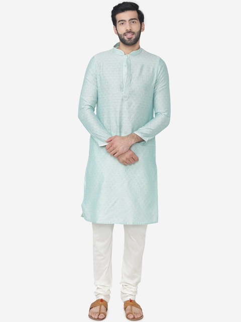 

Manyavar Men Blue & White Woven Design Kurta with Churidar