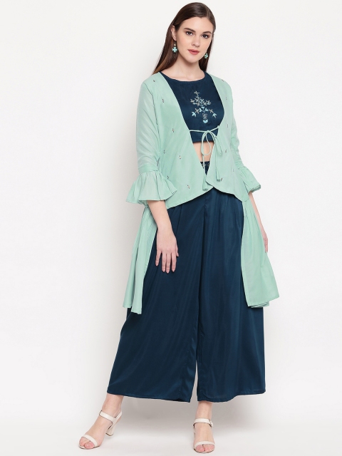 

Kvsfab Women Navy Blue & Sea Green Embroidered Top with Palazzos & Shrug