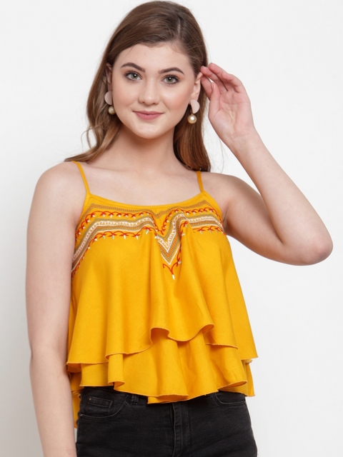 

Everlush Women Mustard Yellow Embroidered Tiered Top