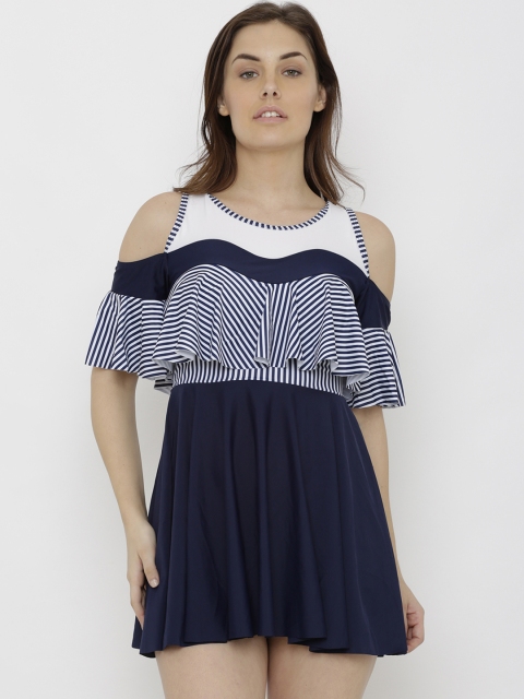 Heart 2 Heart Women Navy Blue & White Printed Swimming Dress SW 16037