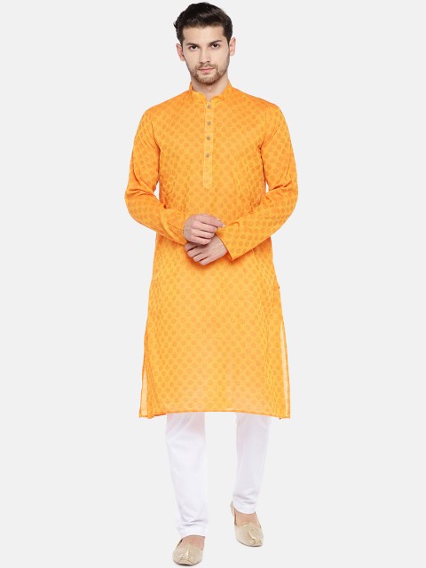 

RAJUBHAI HARGOVINDAS Men Yellow & White Self Design Kurta with Churidar