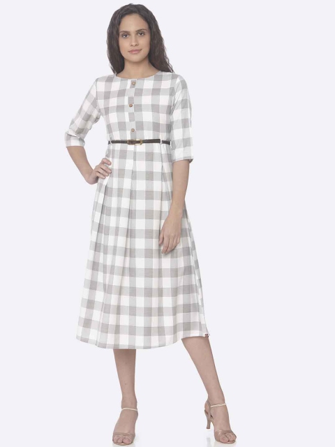 

RAISIN Women Grey & White Checked Shirt Dress