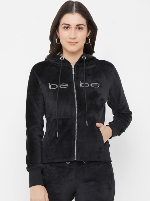 

bebe Women Black Embellished Hooded Velour Sweatshirt