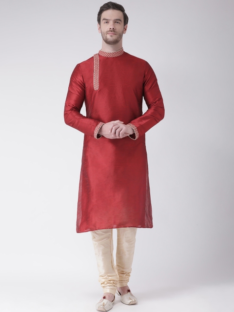 

DEYANN Men Red & Cream-Coloured Self Design Kurta with Churidar