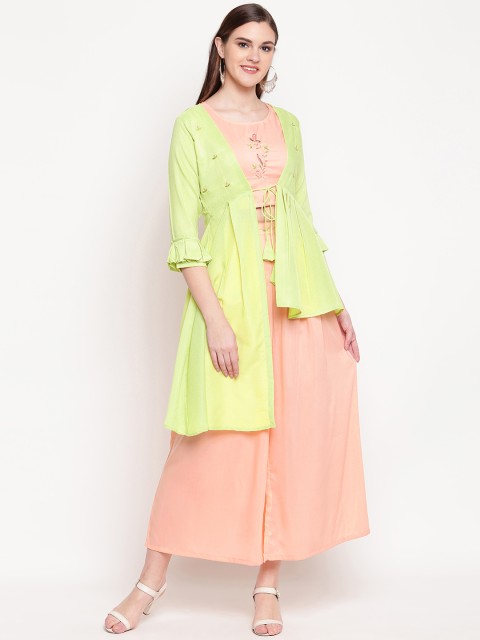 

Kvsfab Women Peach-Coloured & Lime Green Embroidered Top with Palazzos & Shrug