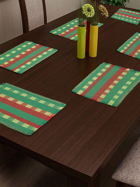 

NEUDIS Set of 6 Green & Red Striped Hand-Woven Table Placemats