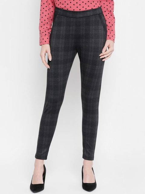 Annabelle by Pantaloons Women Charcoal Grey Checked Skinny-Fit Treggings