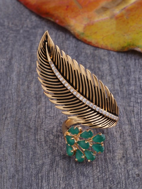 

Tistabene Gold-Plated & Green Stone-Studded Antique Open-Ended Cocktail Ring
