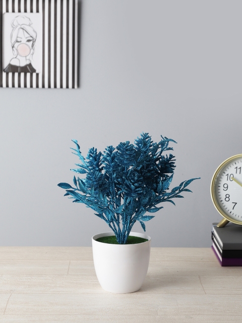 

FOLIYAJ Blue Spray Painted Artificial Pine Cone Plant With White Pot