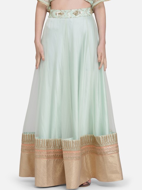 

Ojjasvi Women Sea Green & Gold-Coloured Embroidered Border Net Flared Maxi Skirt