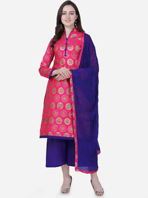 

DIVASTRI Pink & Blue Poly Silk Unstitched Dress Material