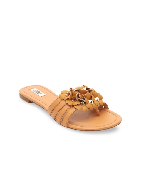 

ROSSO BRUNELLO Women Tan Embellished Leather Open Toe Flats
