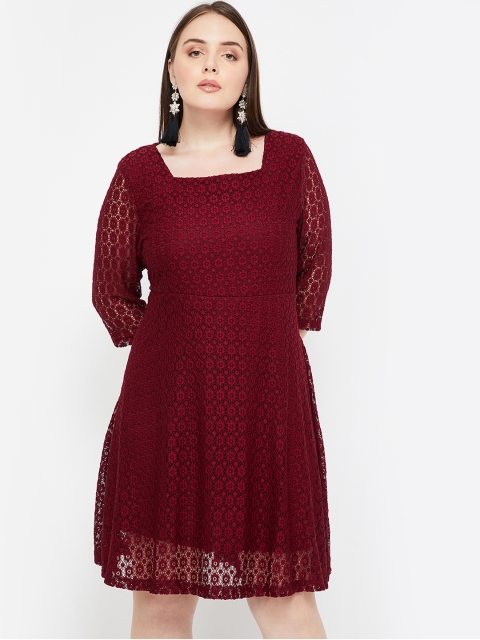 

nexus Plus Size Women Maroon Self Design Fit and Flare Dress