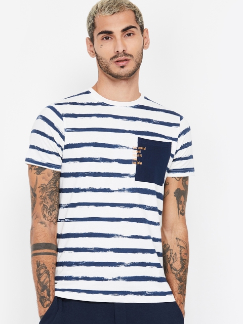 

Forca by Lifestyle Men White & Navy Blue Striped Round Neck T-shirt