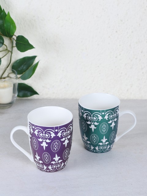

TIED RIBBONS Set Of 2 Printed Ceramic Designer Coffee Mugs 300 ml, Purple