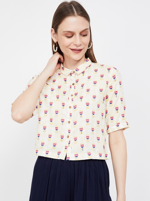 

Colour Me by Melange Women Cream-Coloured & Blue Printed Shirt Style Top