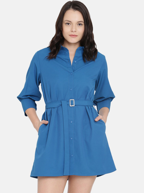 

ISU Women Blue Solid Shirt Dress
