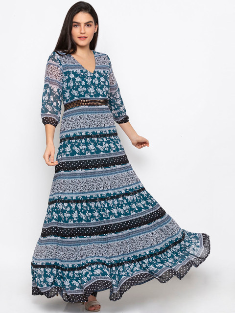 

Iti Women Teal Green & Off-White Printed Maxi Dress