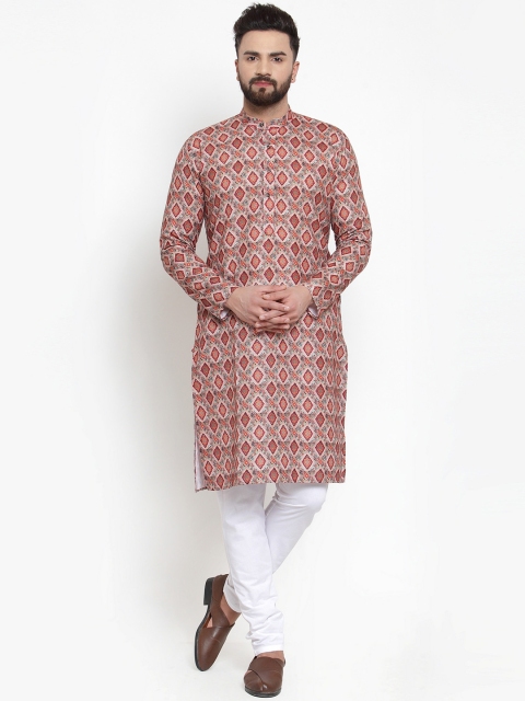 

Jompers Men Peach-Coloured & Maroon Printed Kurta with Churidar